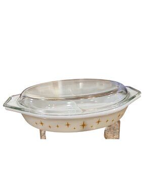 Pyrex Constellation Divided Glass Dish 1 1/2 Qt Gold Atomic Starburst Lid Vtg